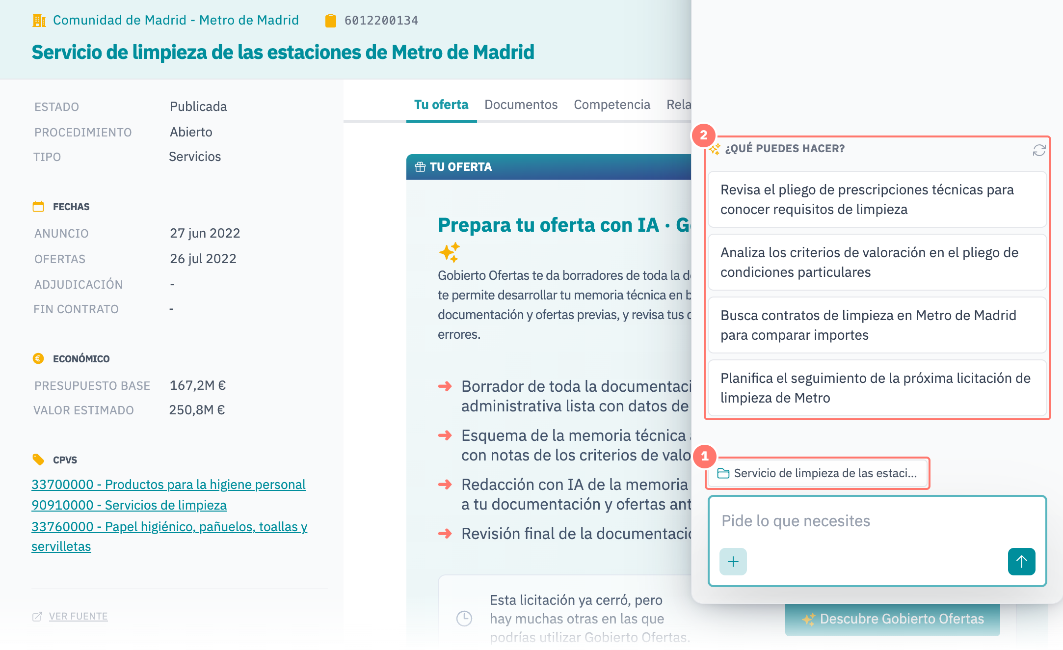 Ficha de una licitación con el panel del Asistente abierto: la etiqueta de la licitación encima del cuadro de mensaje (1) y las sugerencias de siguientes pasos (2)